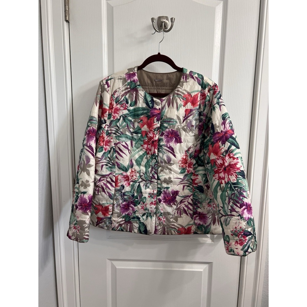 Tommy Bahama Reversible Quilted Puffer Jacket Tropical Floral Taupe Womens L